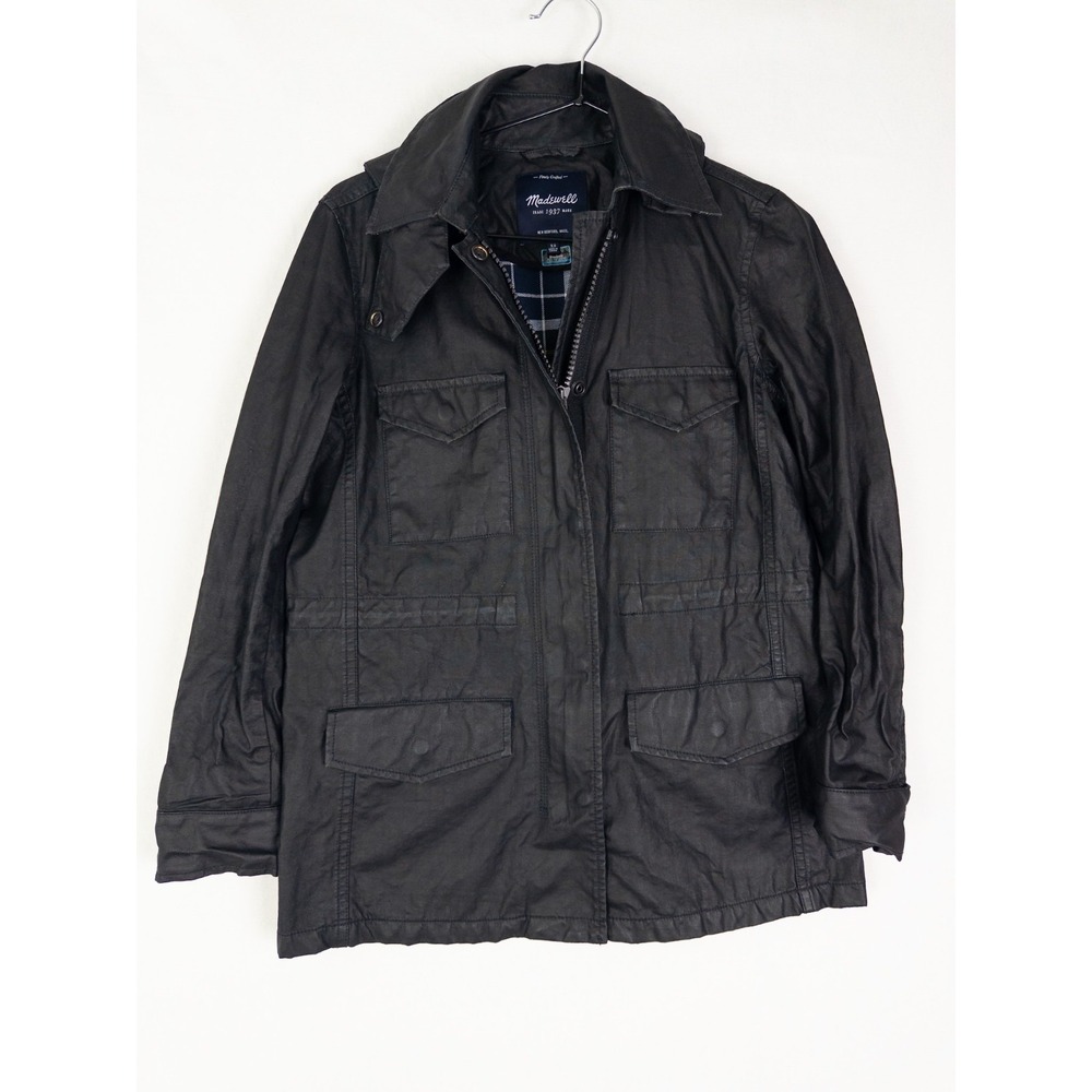 Madewell Utility Military Jacket Womens XS Black Full Zip Snap Hooded Plaid Line